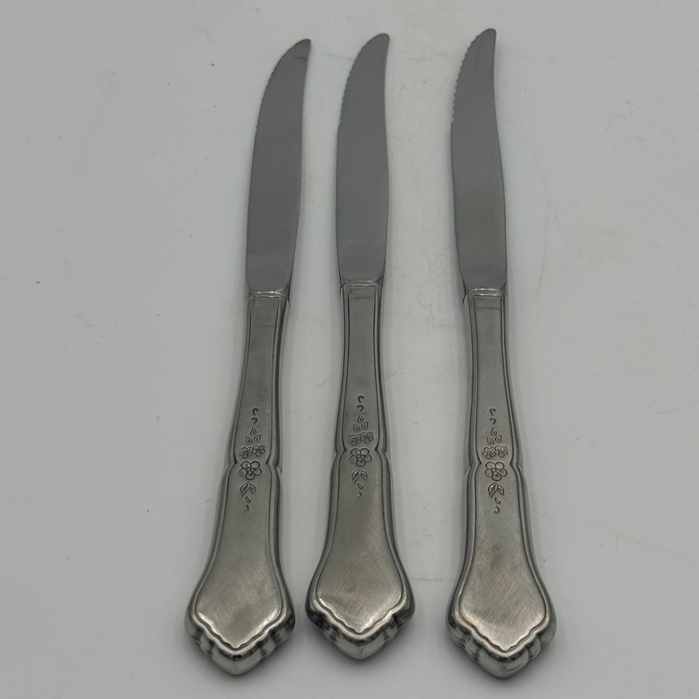 Vintage Stainless Steel Floral Etched Dinner Knives Set of 3 Serrated 9 Inch